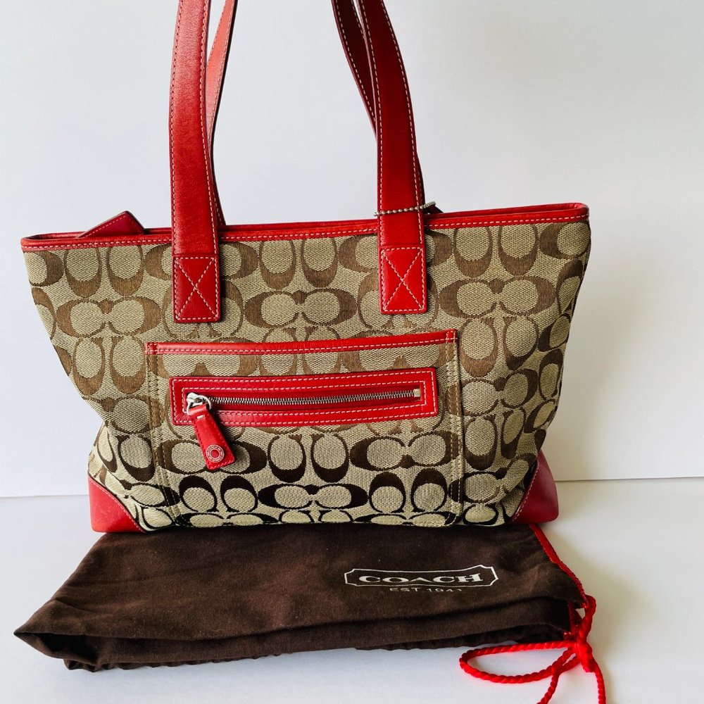 Coach Signature Tan and Red Leather Handbag Tote - Picture 1 of 8
